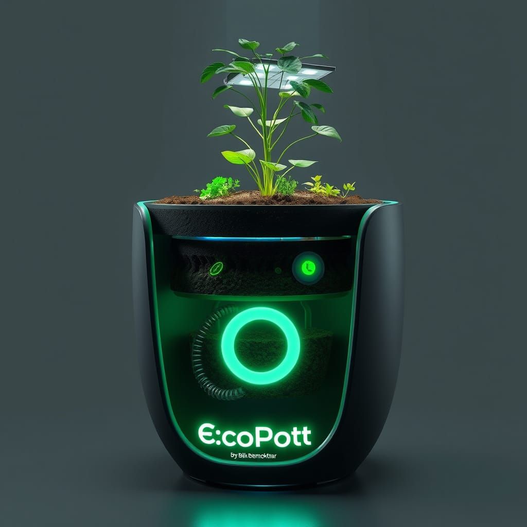 Futuristic EcoPot X Smart Plant Pot in Dark Grey with Green ...