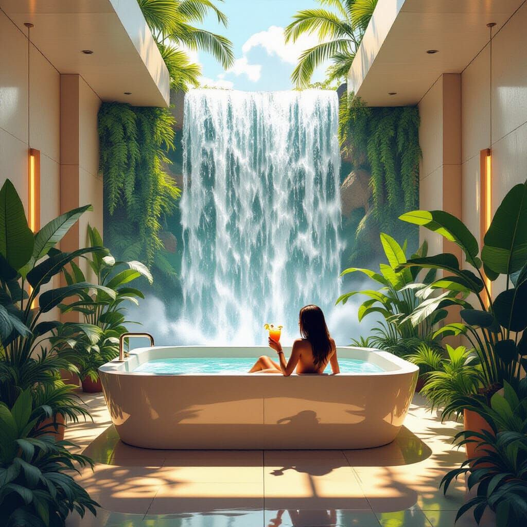 Futuristic Waterfall Bathroom Scene in Pop Art Style