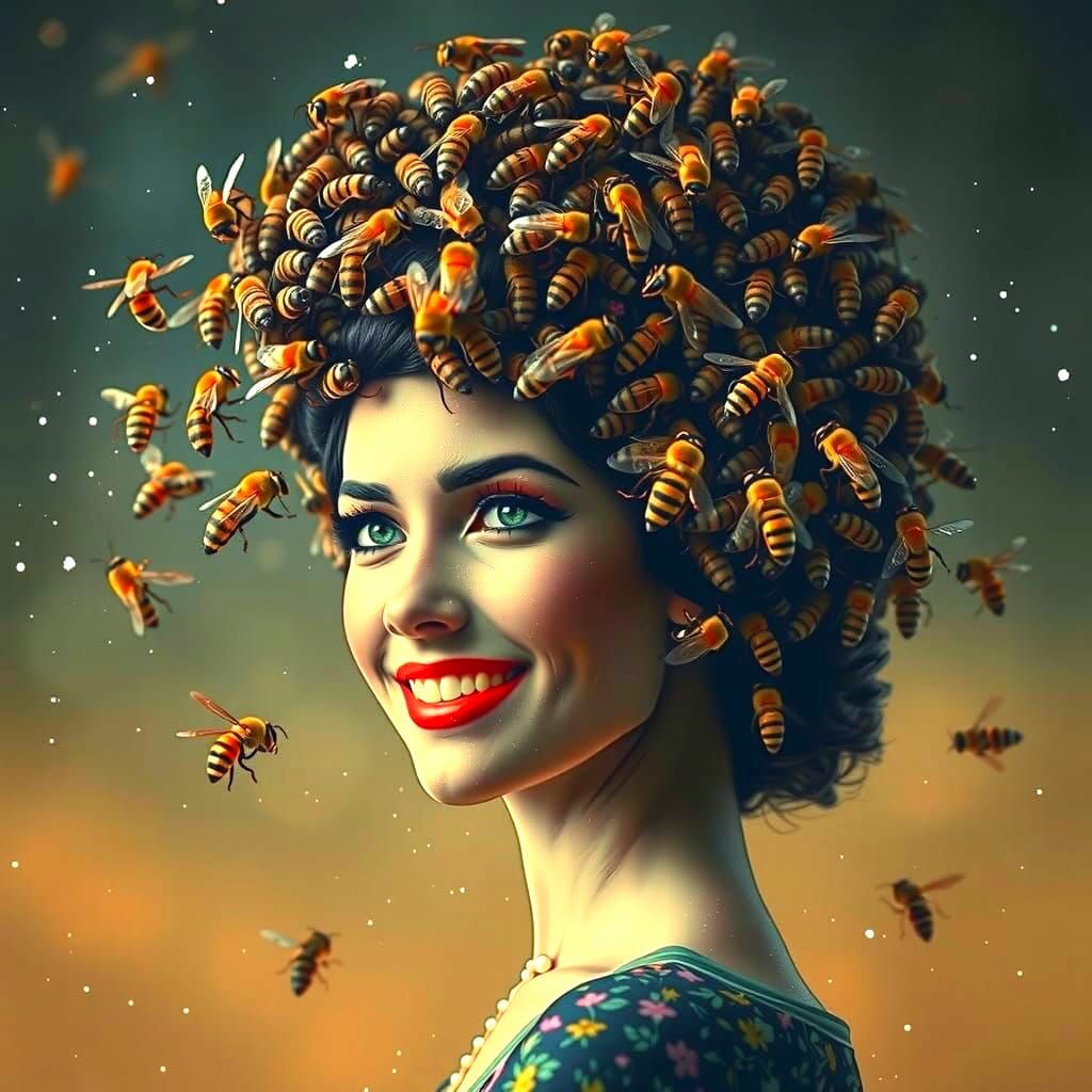 Sultry 1960s Woman Adorned with a Vibrant, Bee-Themed Beehiv...