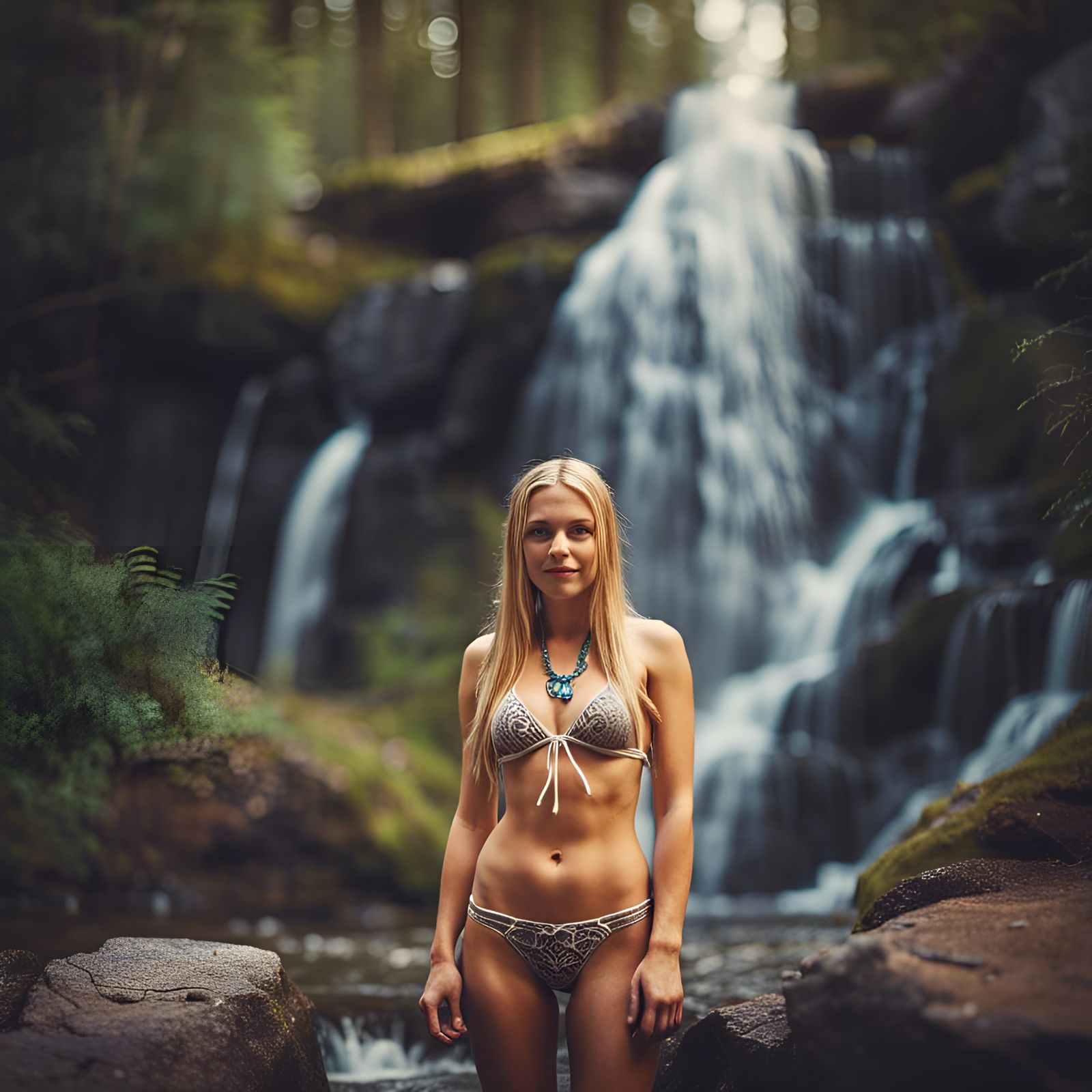 Swedish Woman by Waterfall in Detailed Photo