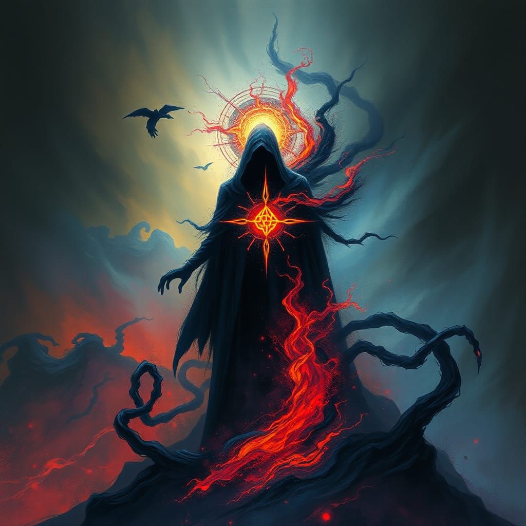 Mystical Figure in Ethereal Darkness with Celtic Motifs
