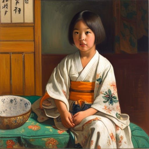 Japanese Girl in Kimono: Oil Painting Style