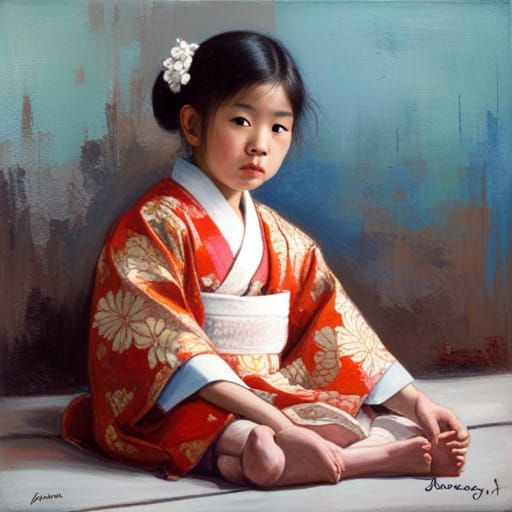 Japanese Girl in Kimono as Oil Painting