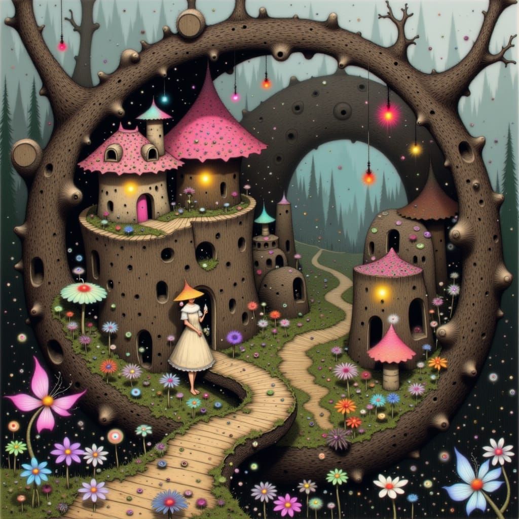 Whimsical Fairy Village in Hollow Log Watercolor