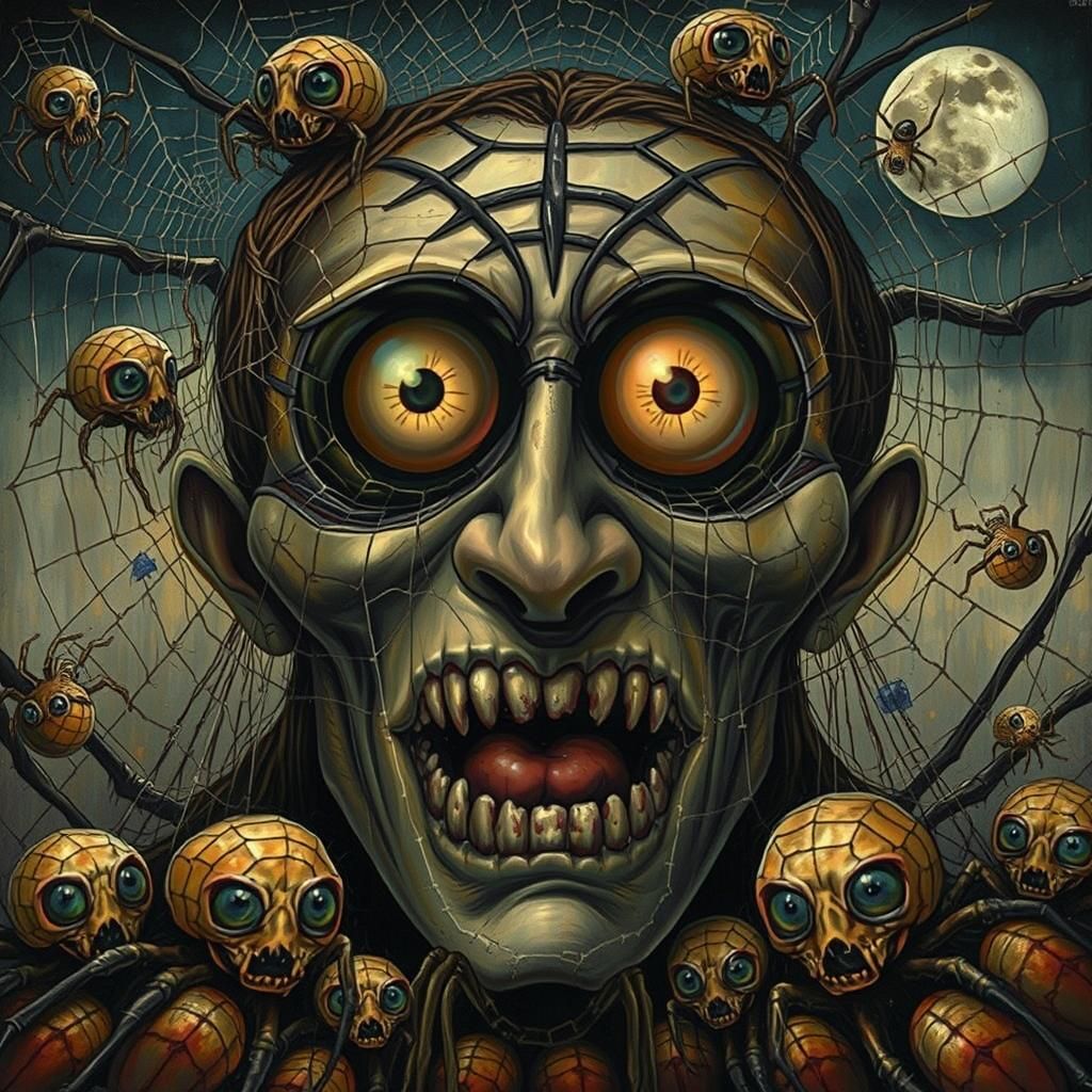 Pagan Figure with Spiderweb Eyes: Surreal Gothic Art
