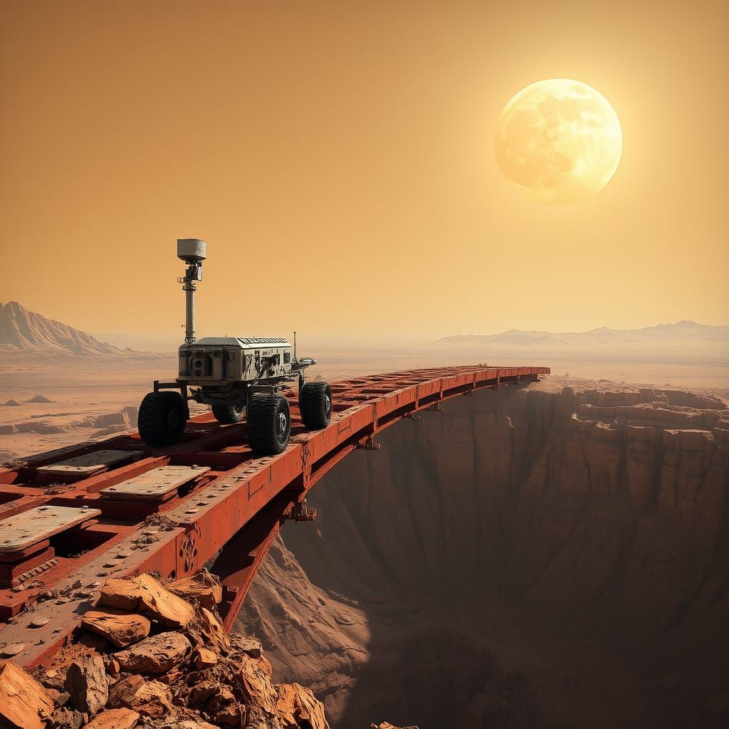 Mars Rover Crossing a Rugged Bridge in Stunning HDR