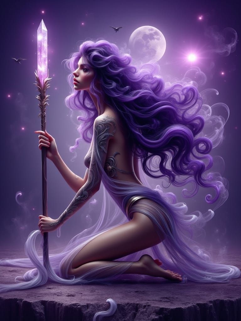 Japanese Warrior Princess with Crystal Staff in Synthwave Ne...