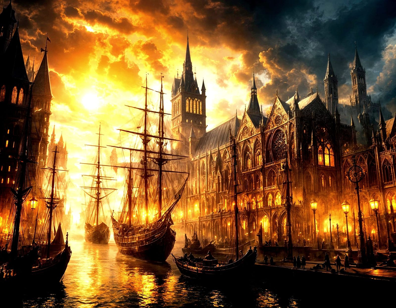 Epic Fantasy Harbor City at Golden Sunset