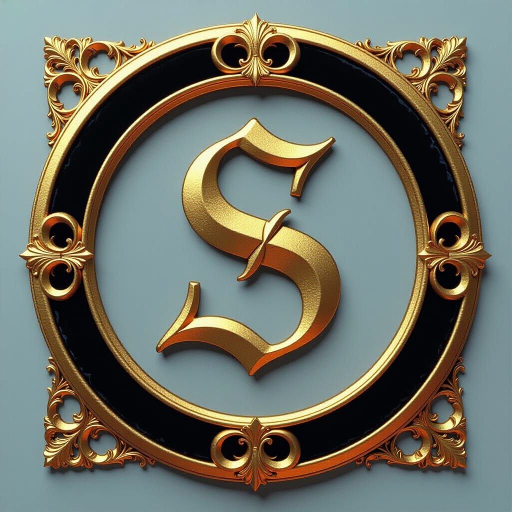 Golden Gothic 'S' on Velvet in Hyperrealistic Style