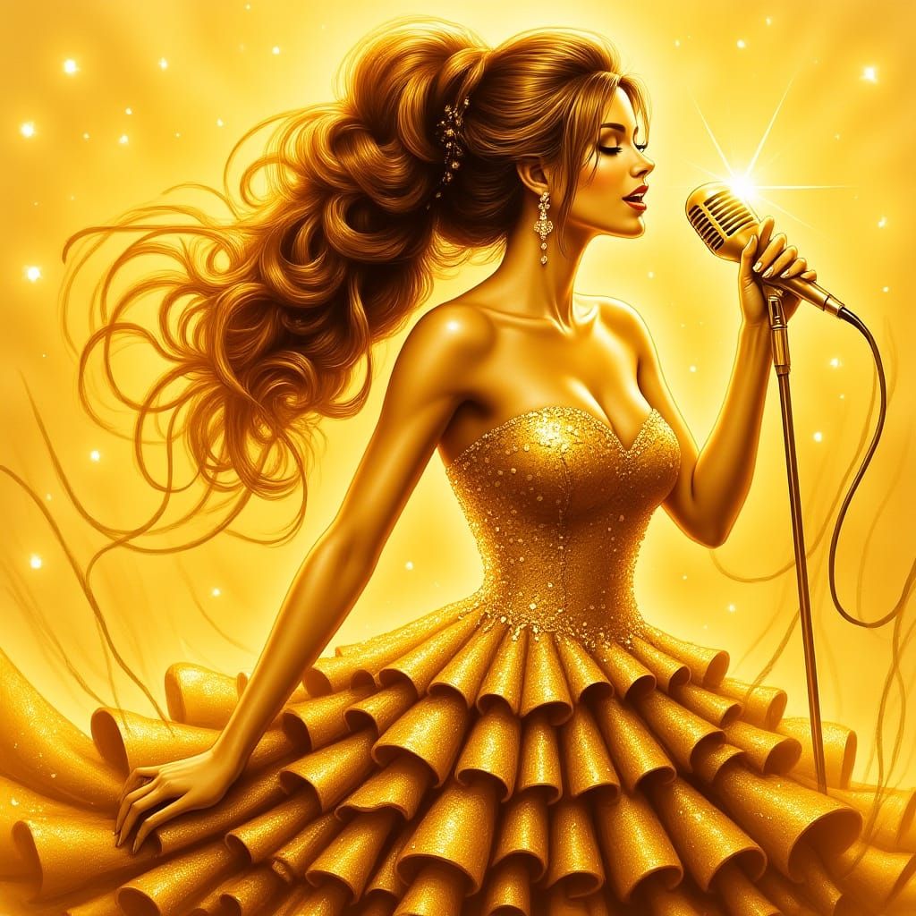 Singer in Golden Dress with Glowing Microphone
