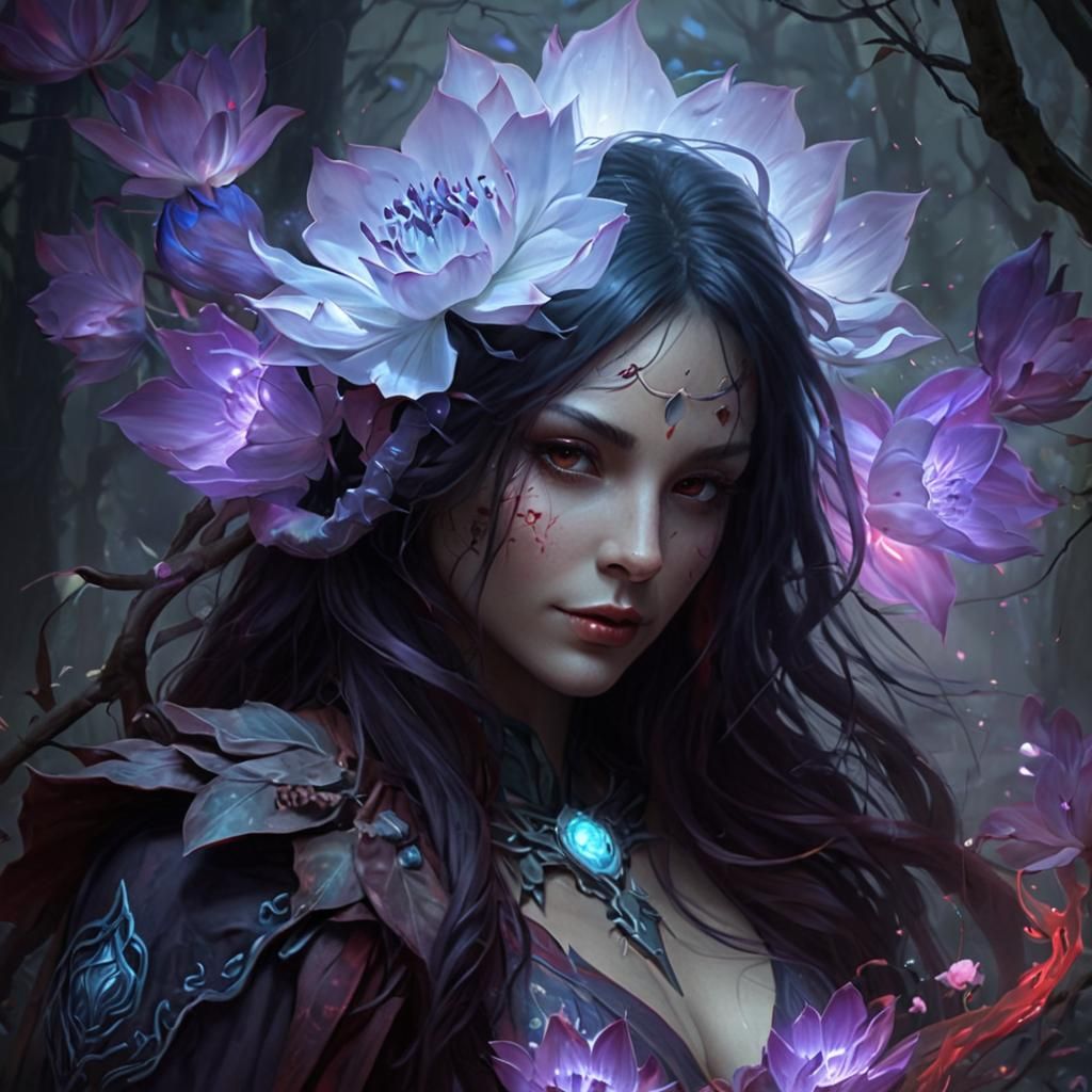 Purple and Red Druidess with Lotus Flowers