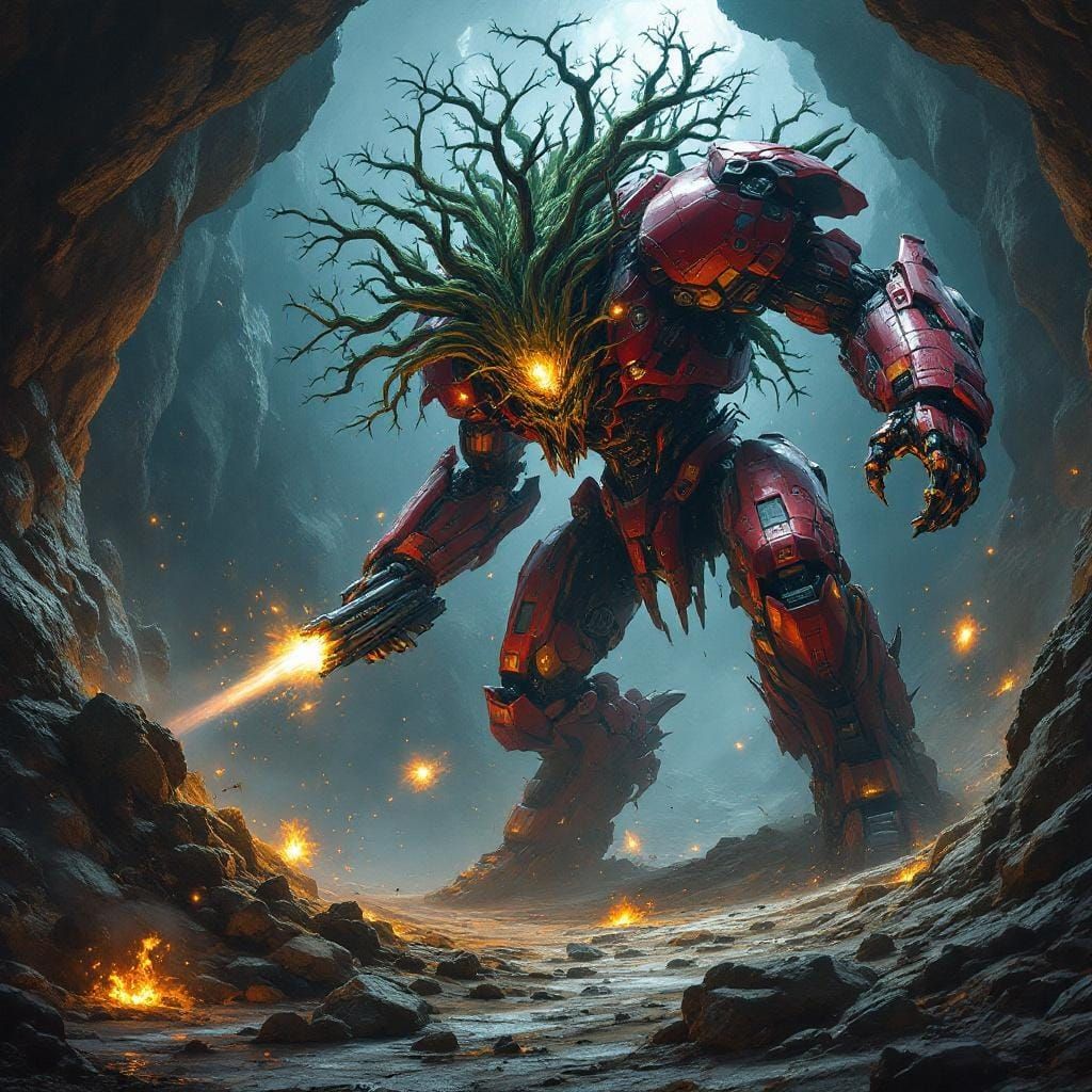 Battle-Mech vs Plant Kaiju in Dramatic Underground Cavern