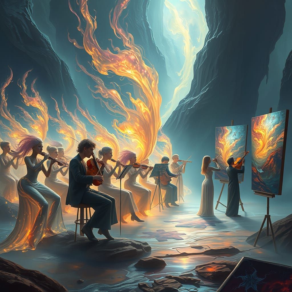 Ethereal Orchestra and Painters in Surreal Fantasy Landscape