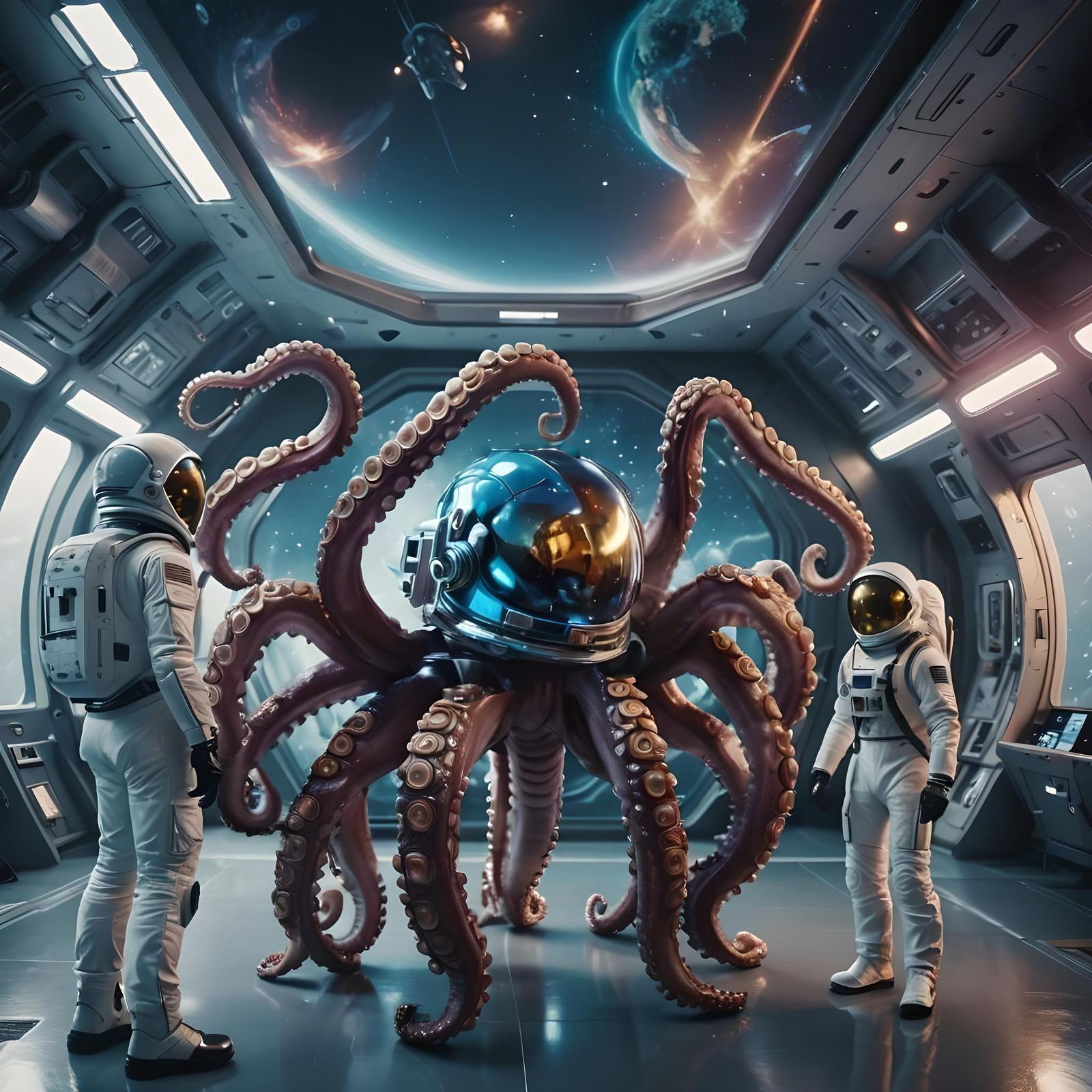 Steampunk Octopus and Astronauts in Space