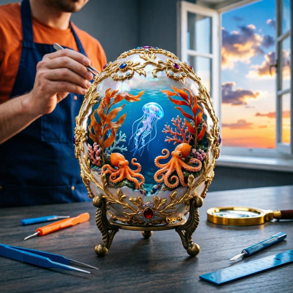 Detailed Faberge Egg on Metal Stand, Ocean Theme