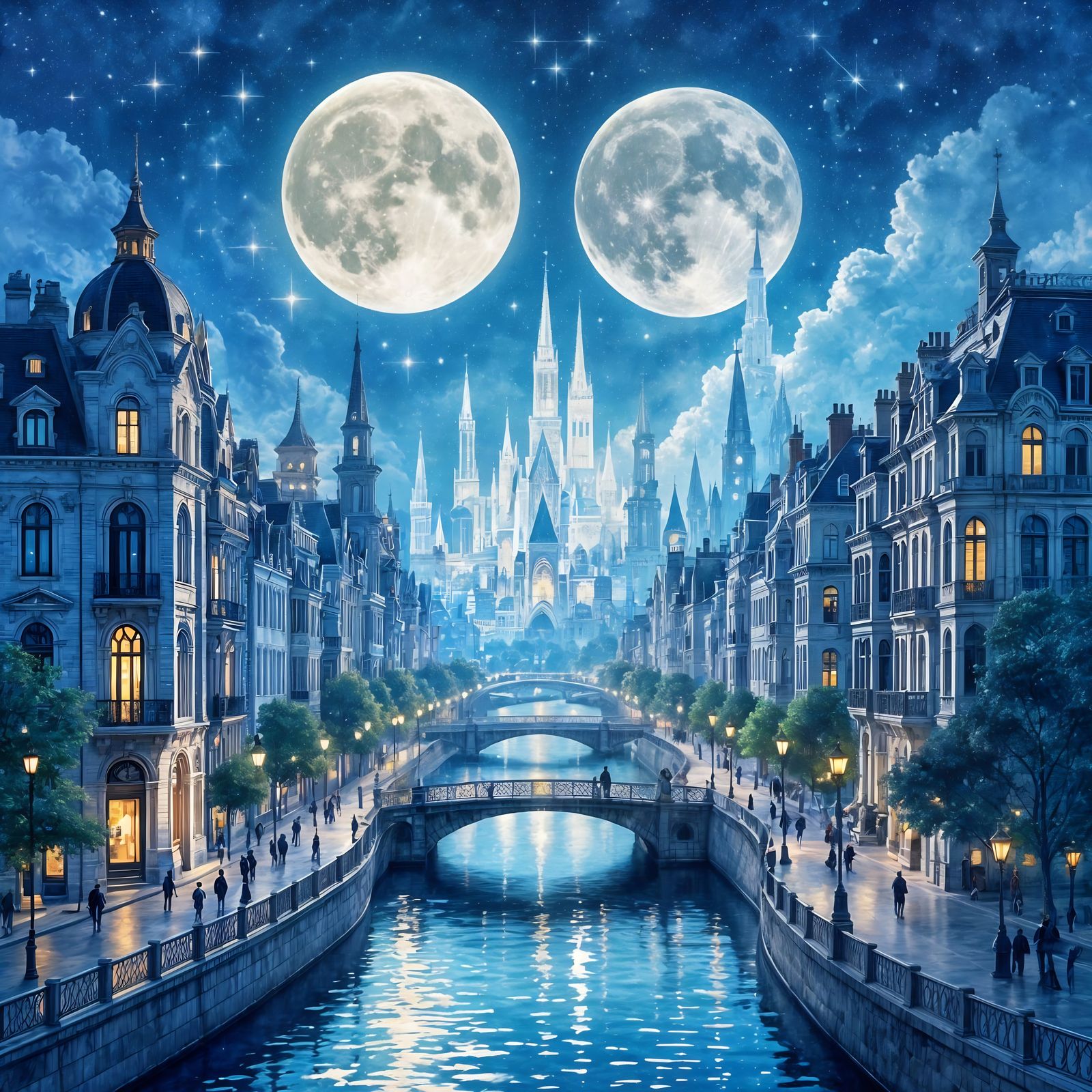 Art Nouveau Crystalline Cityscape Under Double Moon