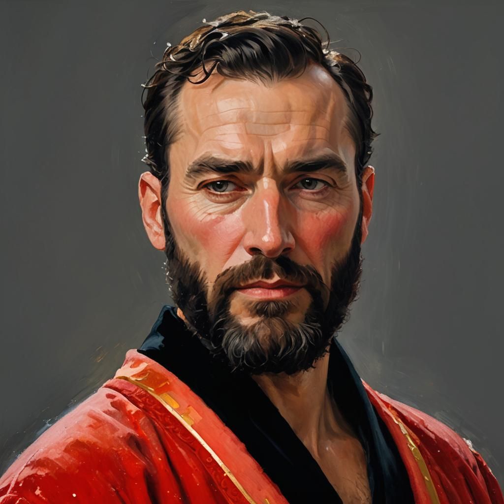 Bearded Man in Velvet Robes: Impressionist Oil Painting