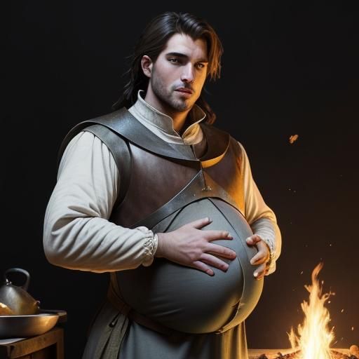 Pregnant Peasant Man Cooking, Hyperrealistic Digital Art