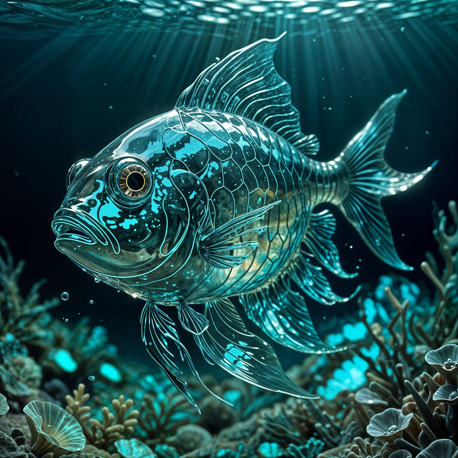 Glass Fish Swimming, Reflecting Light