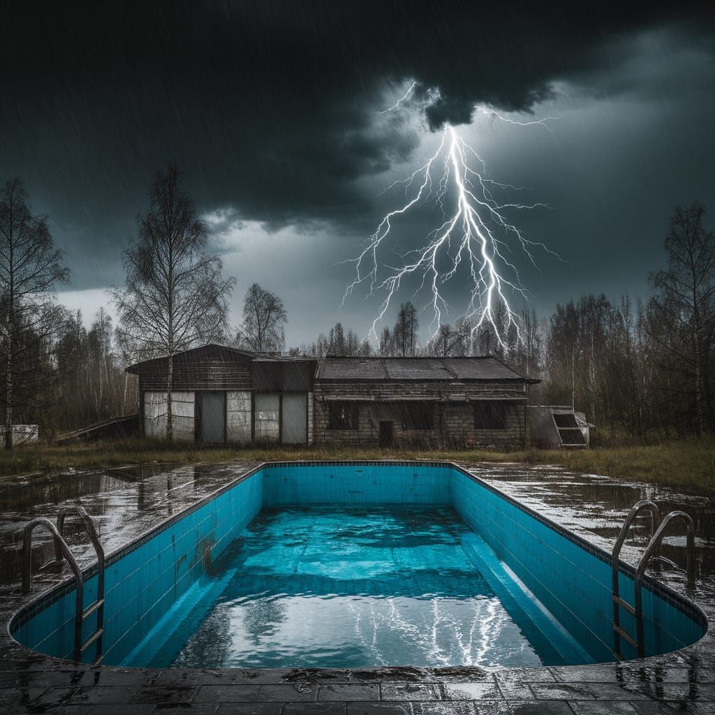 Dystopian Abandoned Swimming Pool in Thunderstorm