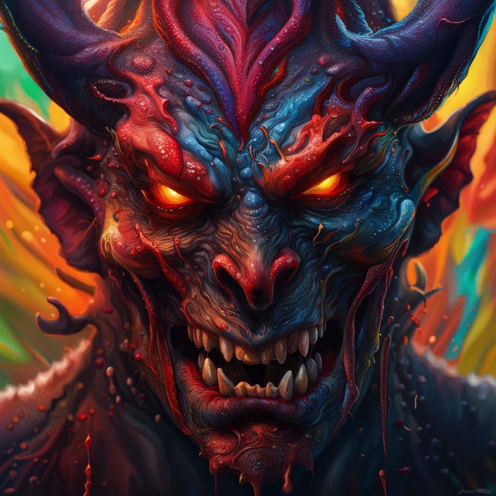 Hyperrealistic Demon Portrait with Colorful Background