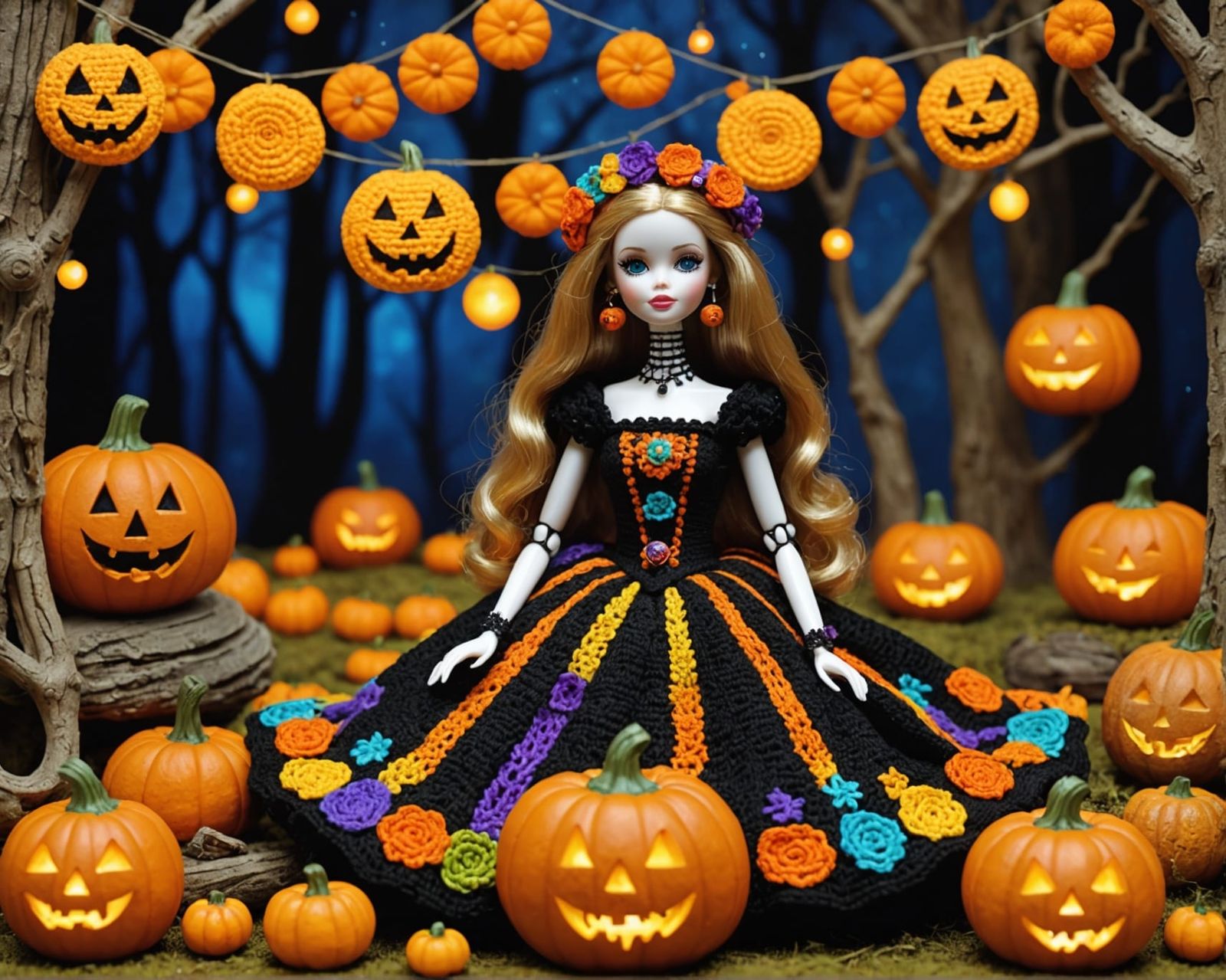 Klimt-Inspired Crochet Halloween Barbie in Starry Night