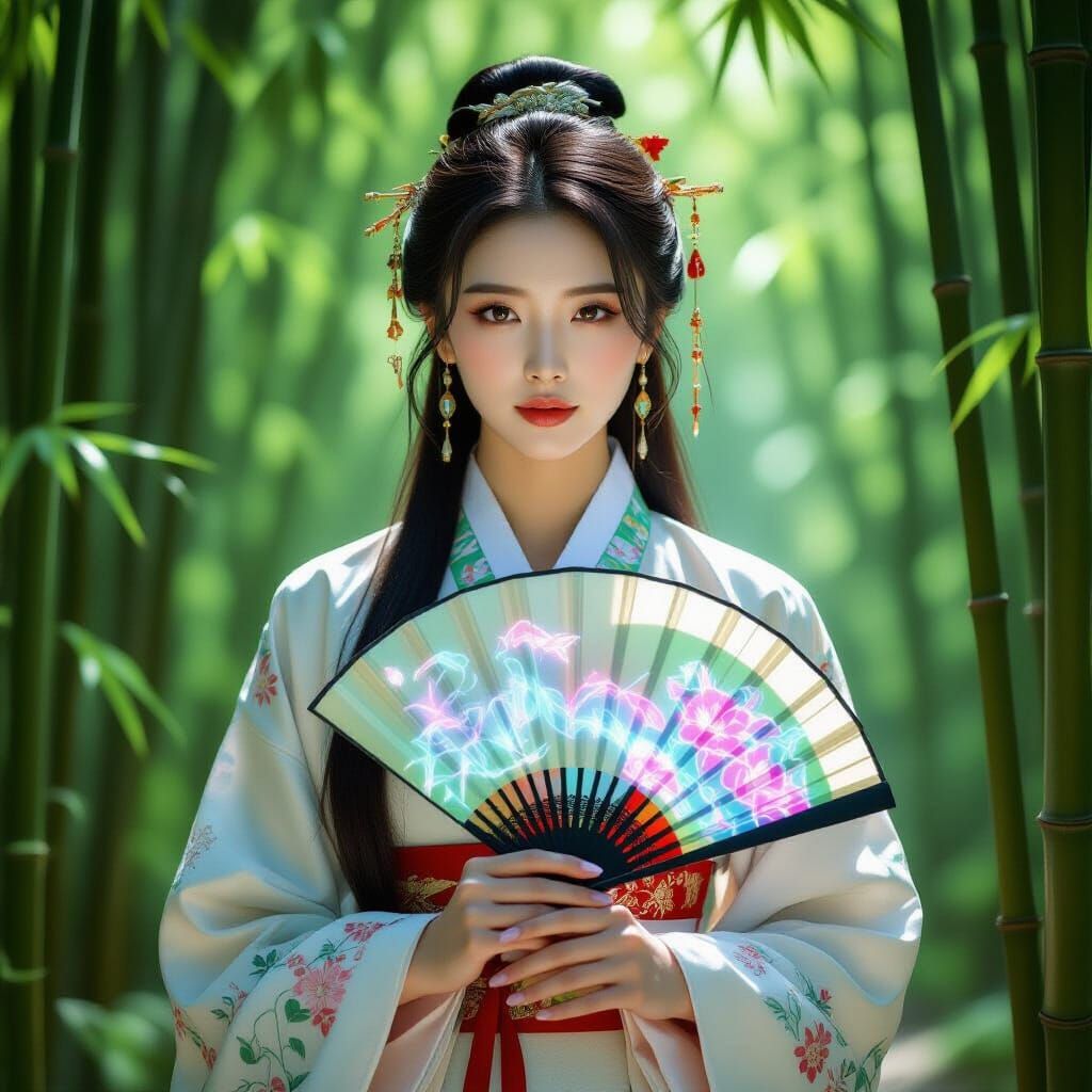 Korean Woman in Hanbok with Neon Accents
