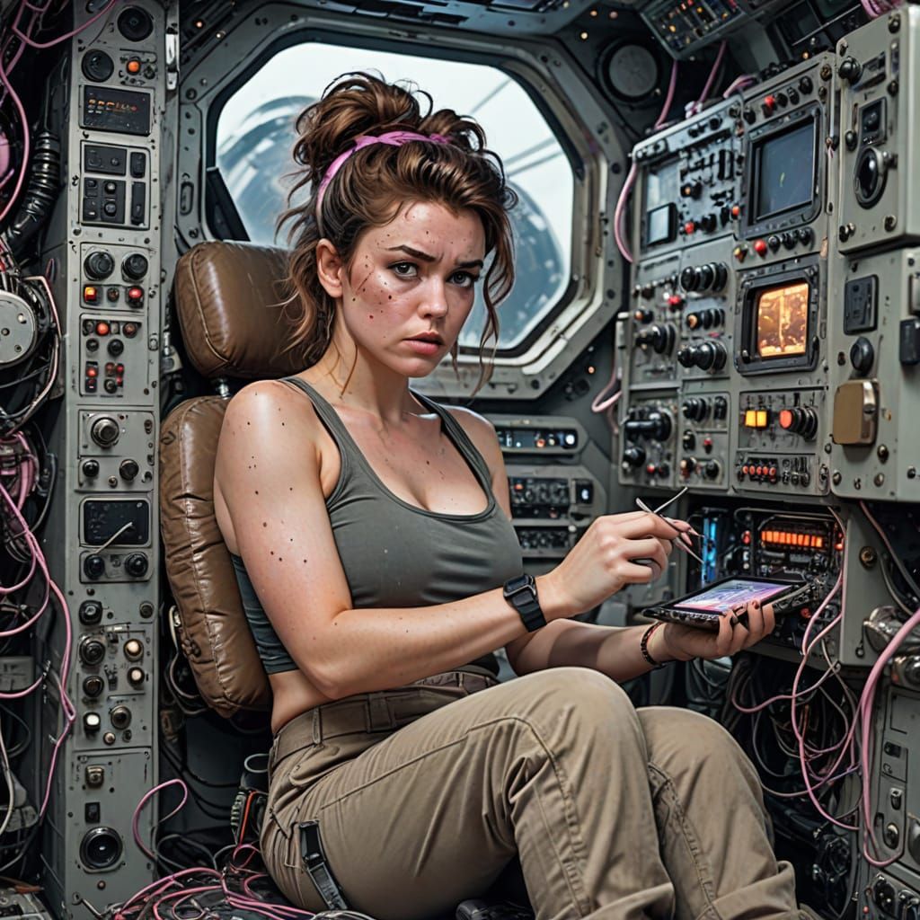 Woman Repairs Device in Spacecraft: Hyperrealistic Film Stil...