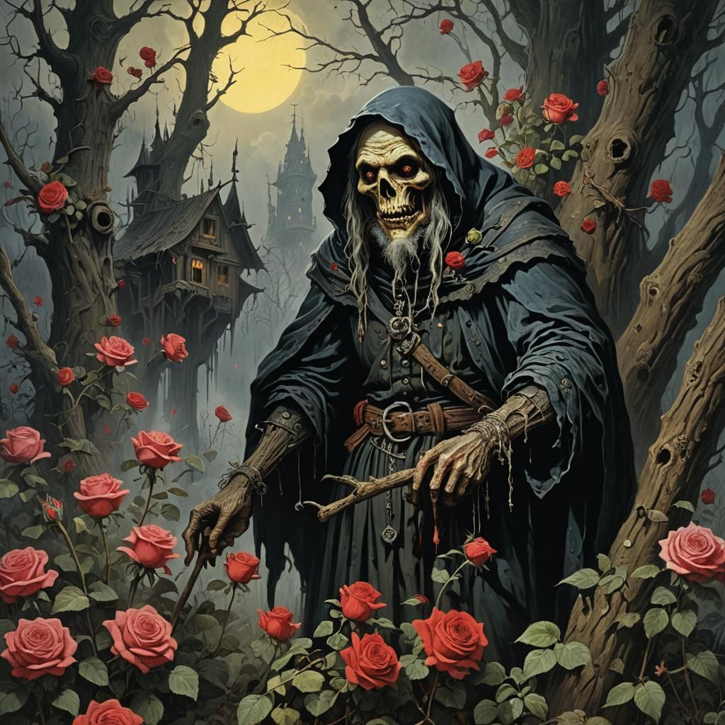 Baba Yaga in Horror Art Style with Roses