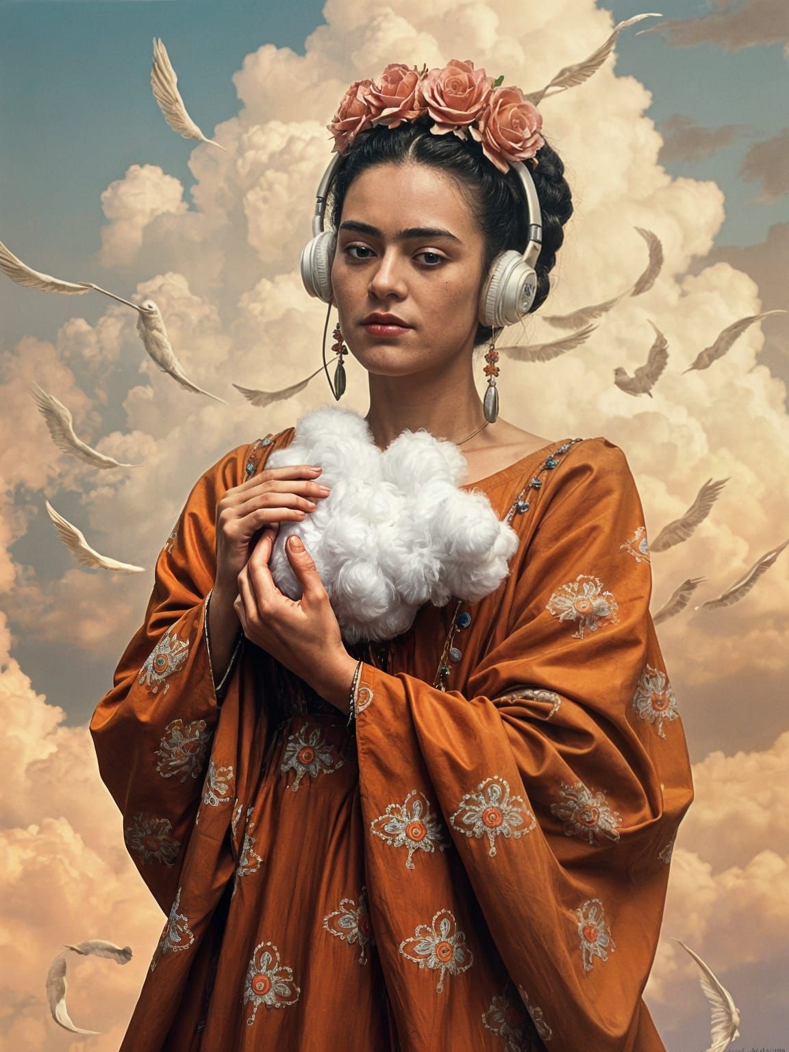 Frida Kahlo in Dreamlike Cloudscape