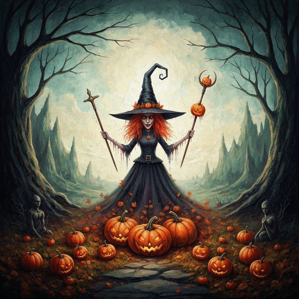 Whimsical Sinister Witch in Autumnal Maximalist Style