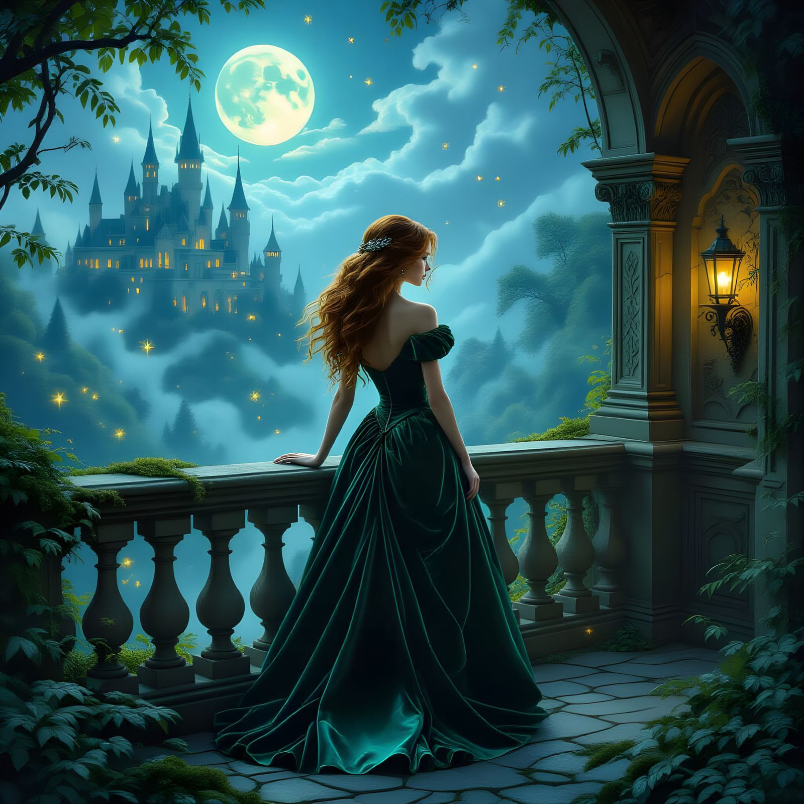 Ethereal Woman on Balcony in Moonlight