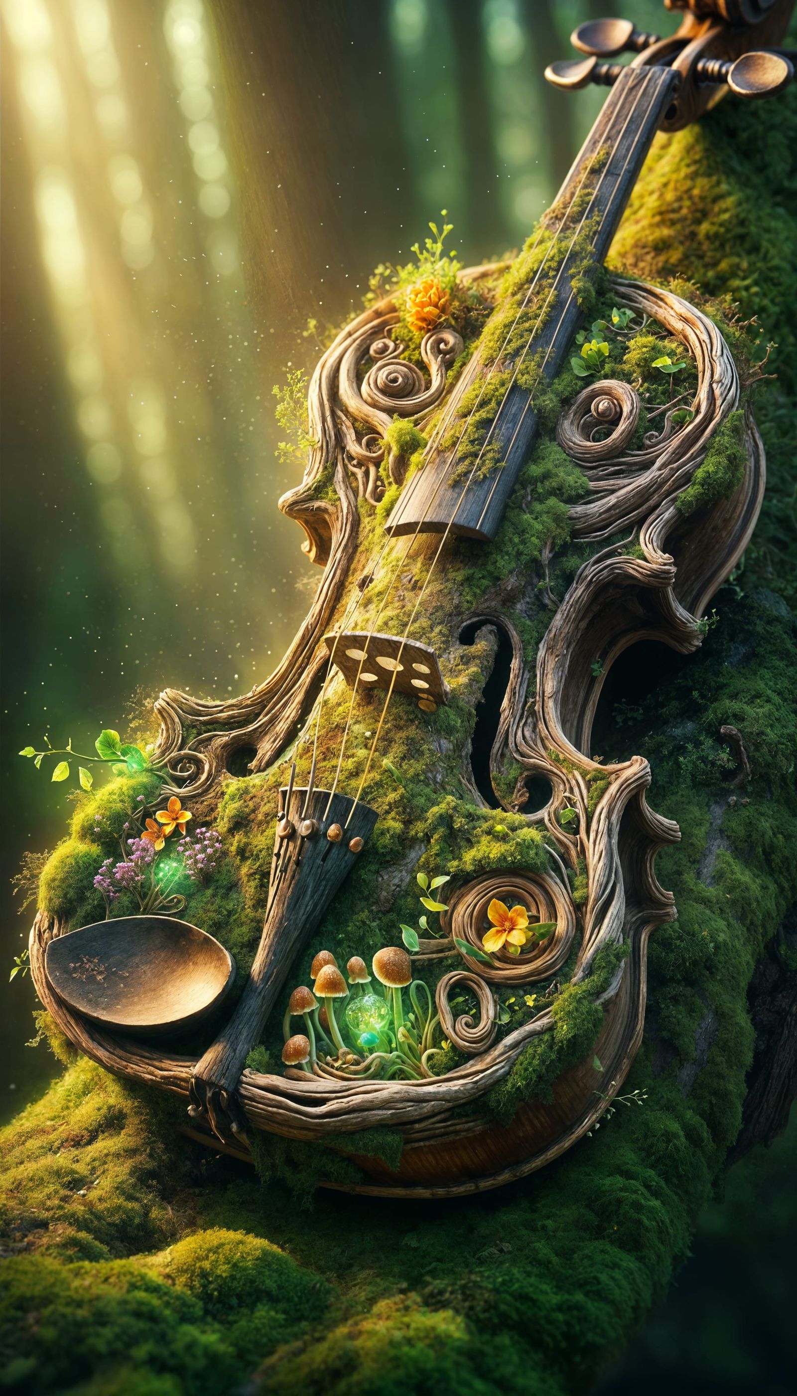 Enchanted Tree Root Violin in a Whimsical Forest