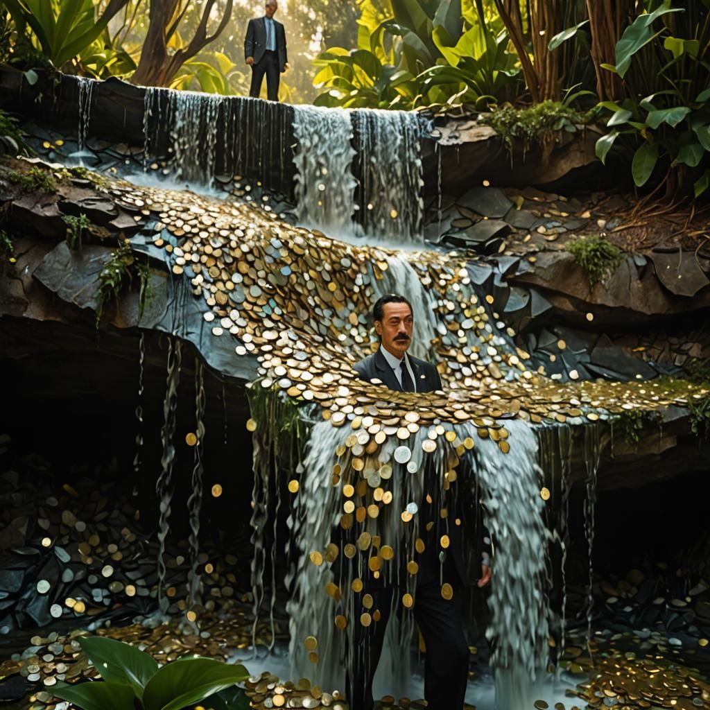 Surreal Waterfall of Money in a Dreamscape