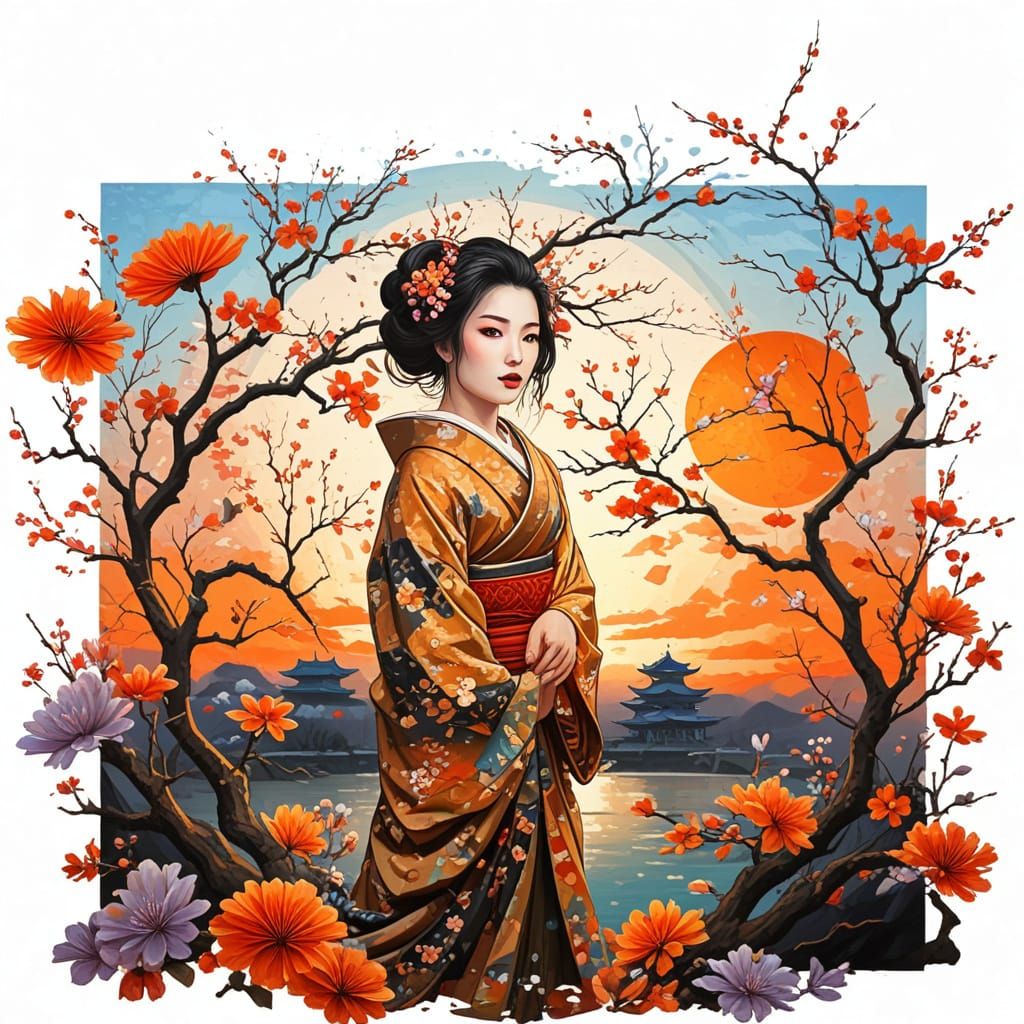 Geisha Under Cherry Blossoms at Sunset in Abstract Style