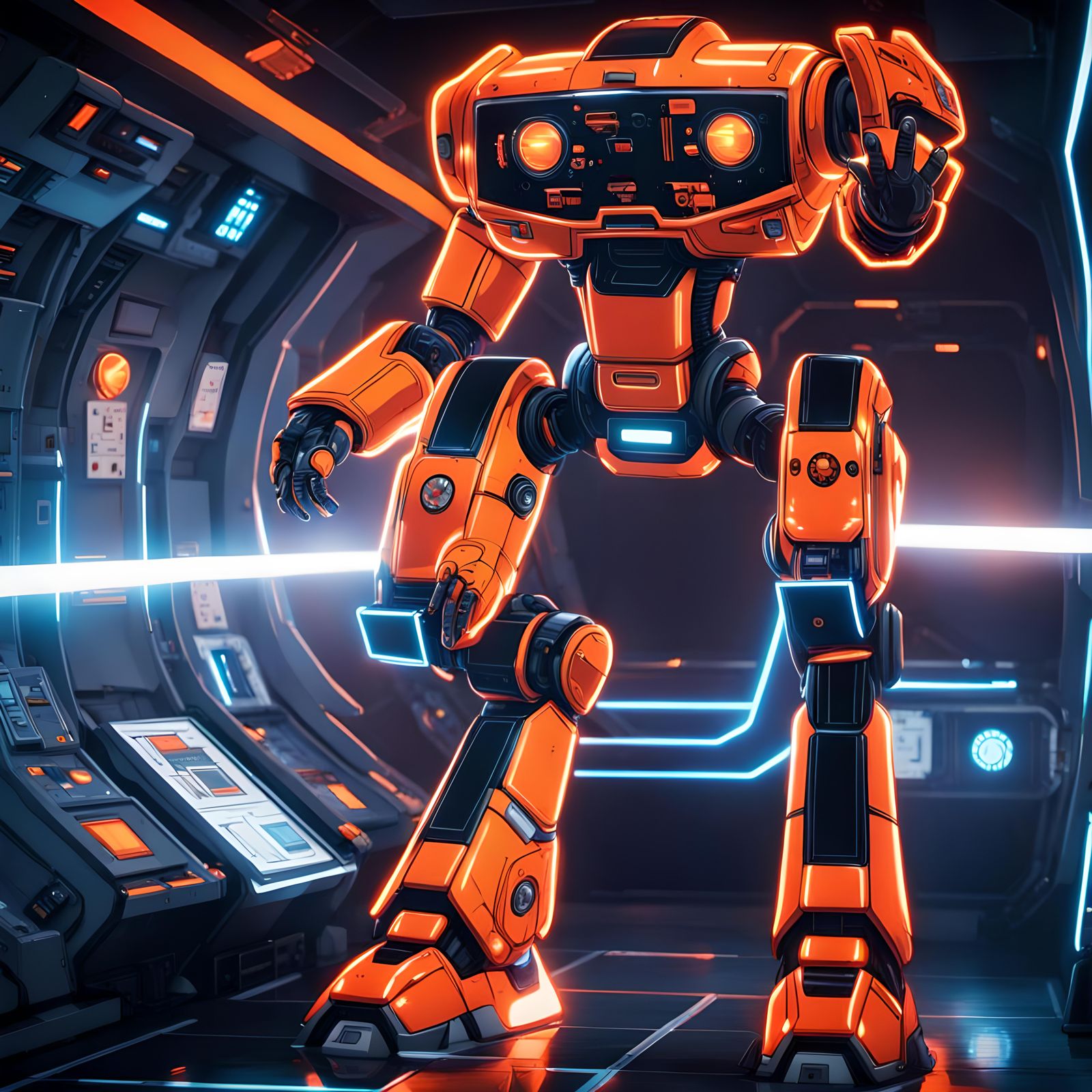 Badass Robot Charging Energy in Space Station, Anime Style