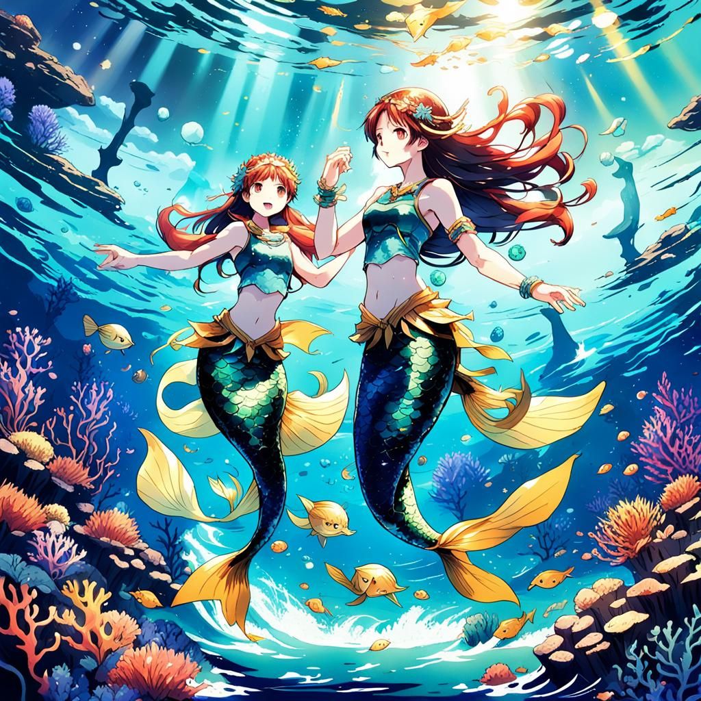 Mermaids Dancing in Ocean: Anime Cel-Shaded Style