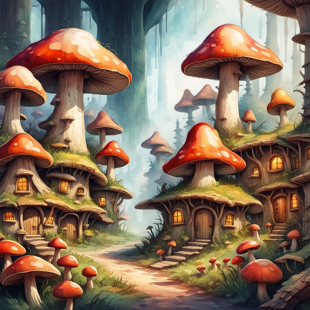 Mushroom Village Concept Art in Watercolor Style