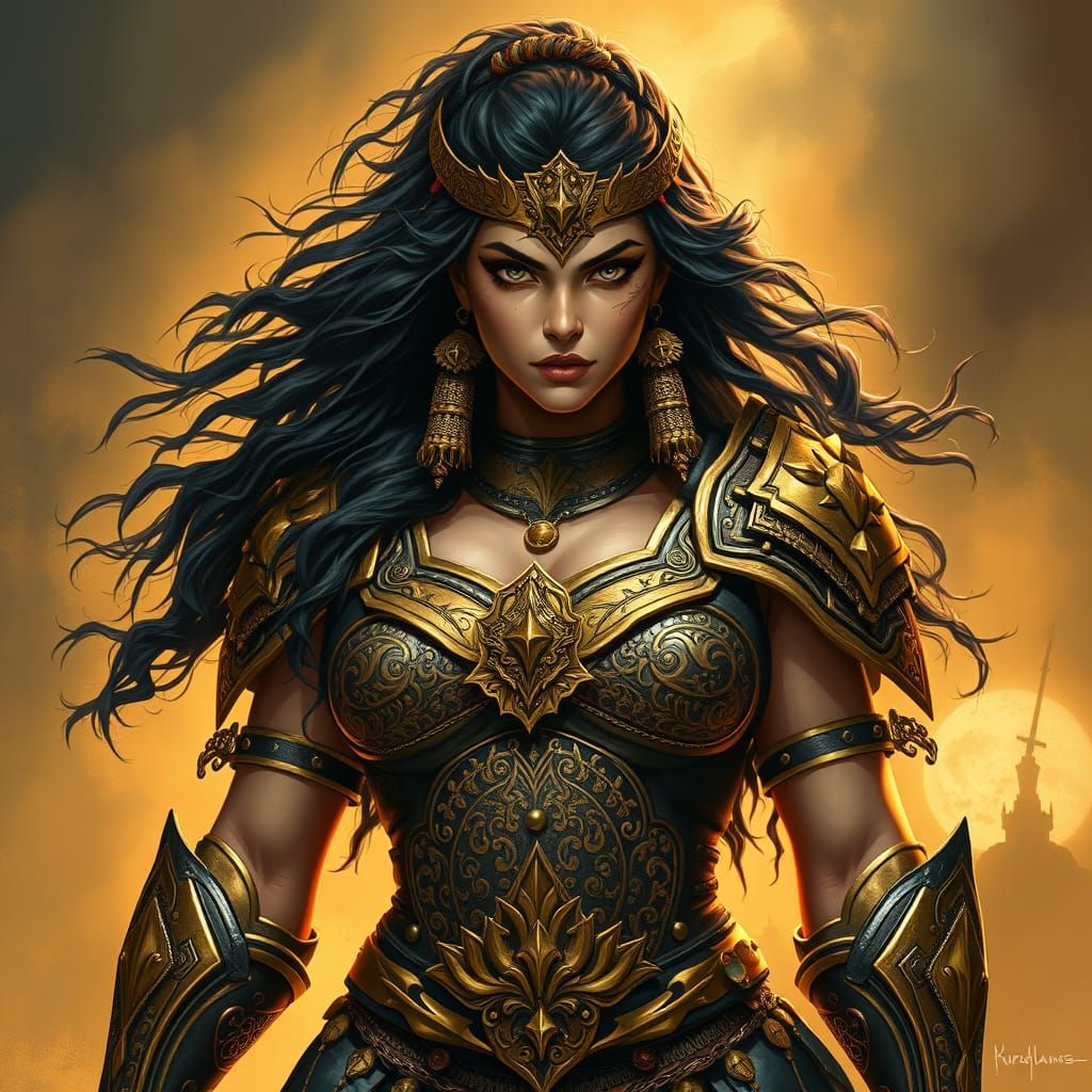 Majestic Tribal Warrior Woman in Gold Iron Armor, Ready for ...