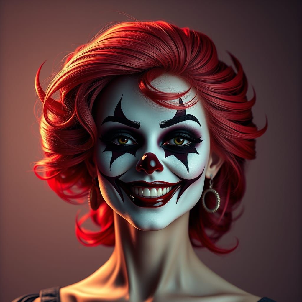 Fiery Red-Haired Woman as Dark Clown Portrait in Art Nouveau...