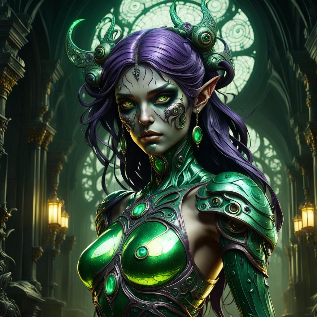 Symbiotic Girl with Green Eyes in Dark Fantasy Style