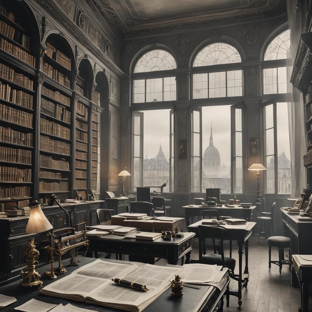 Sinister Library Scene with Physics Instruments