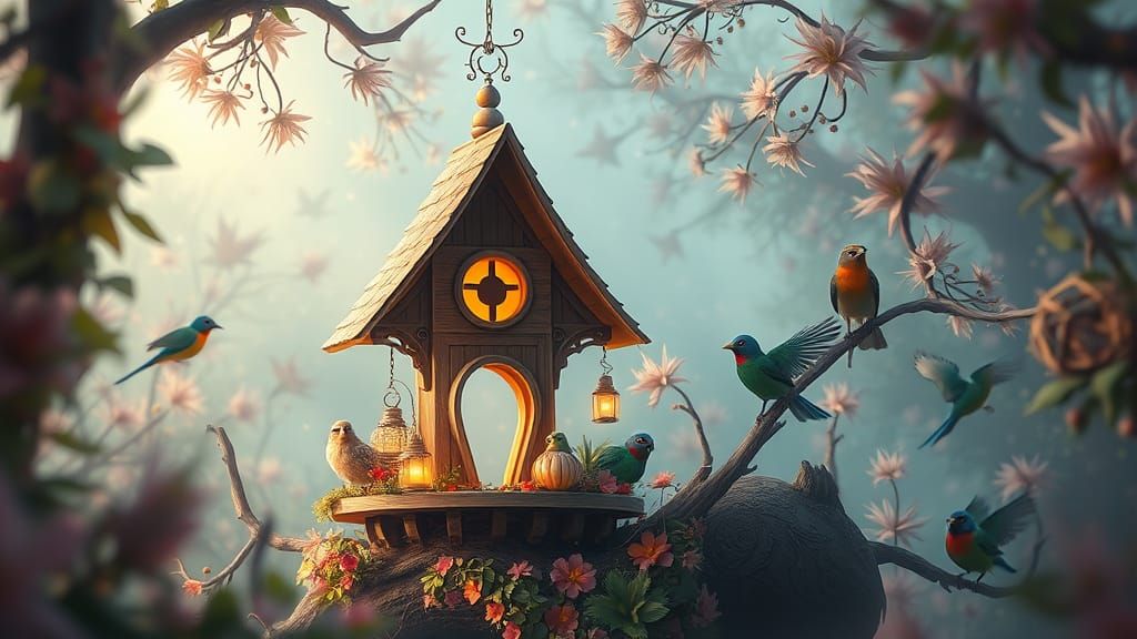 Enchanted Birdhouse in Dreamy Forest Landscape