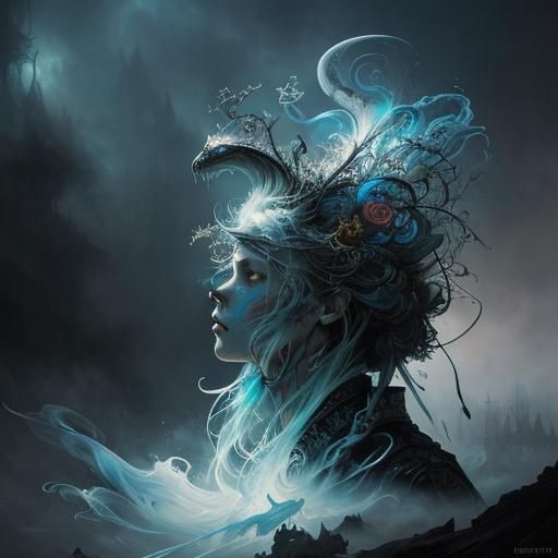 Ghosts in Swirling Ink Flow: Detailed Acrylic Painting