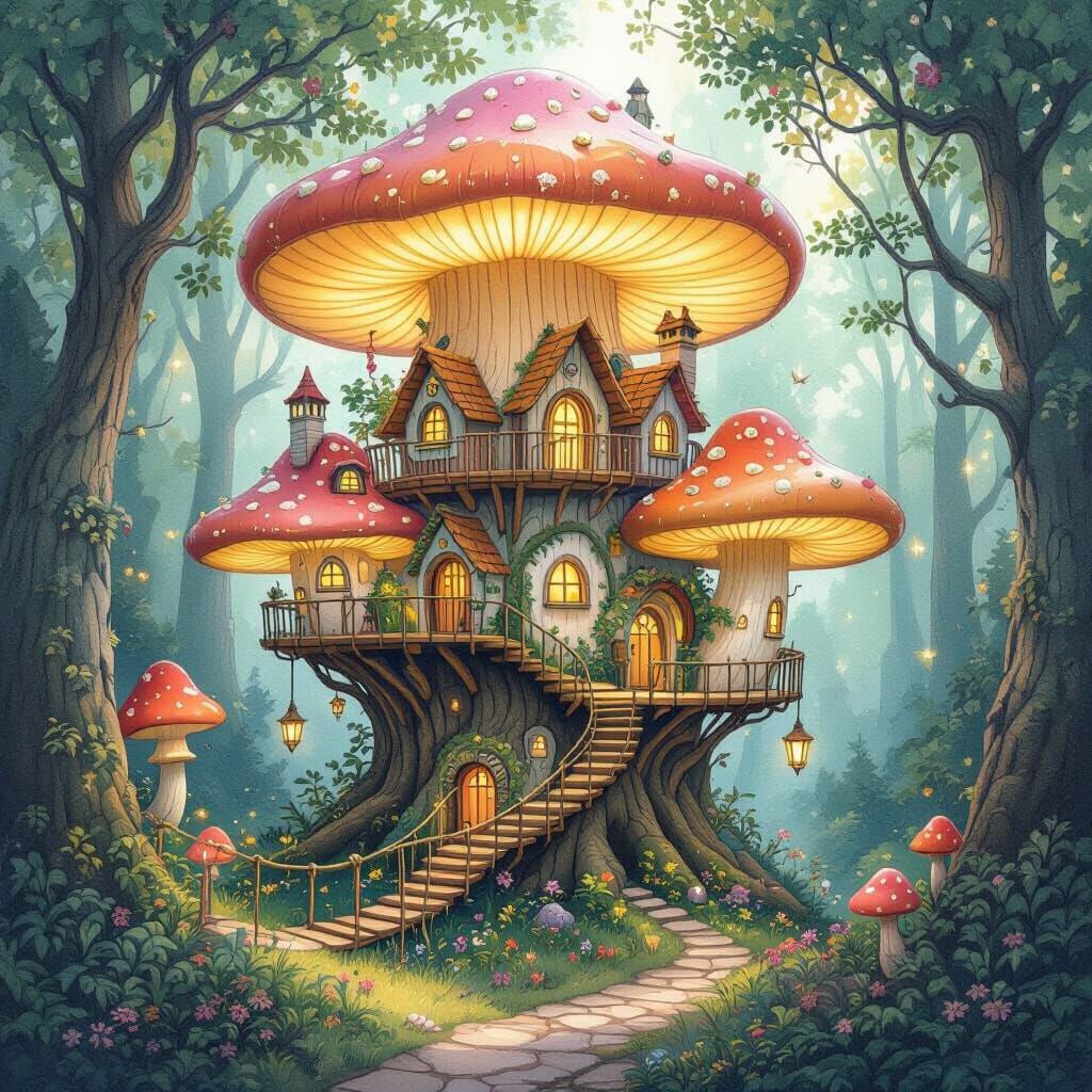 Enchanted Mushroom Village: A Watercolor Dream