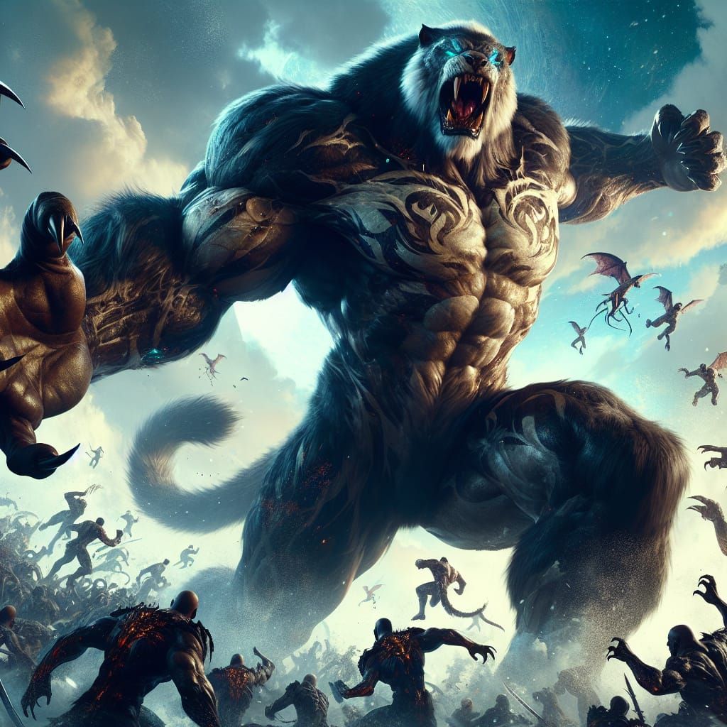 Colossal Werejaguar Confronts Vampire Horde: Fantasy Concept...