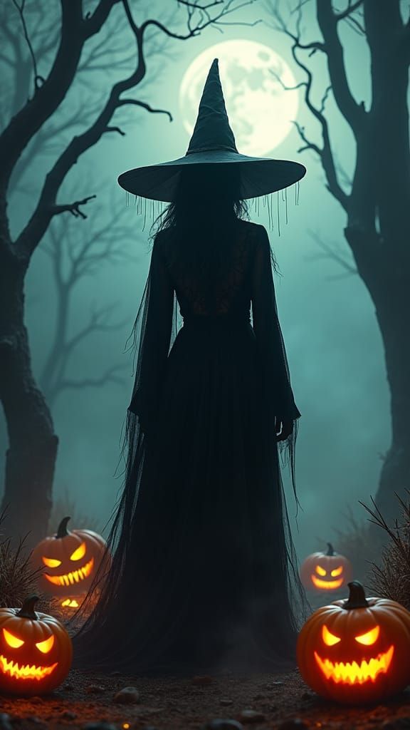 Spooky Witch in Moonlit Forest, Dark Whimsical Art