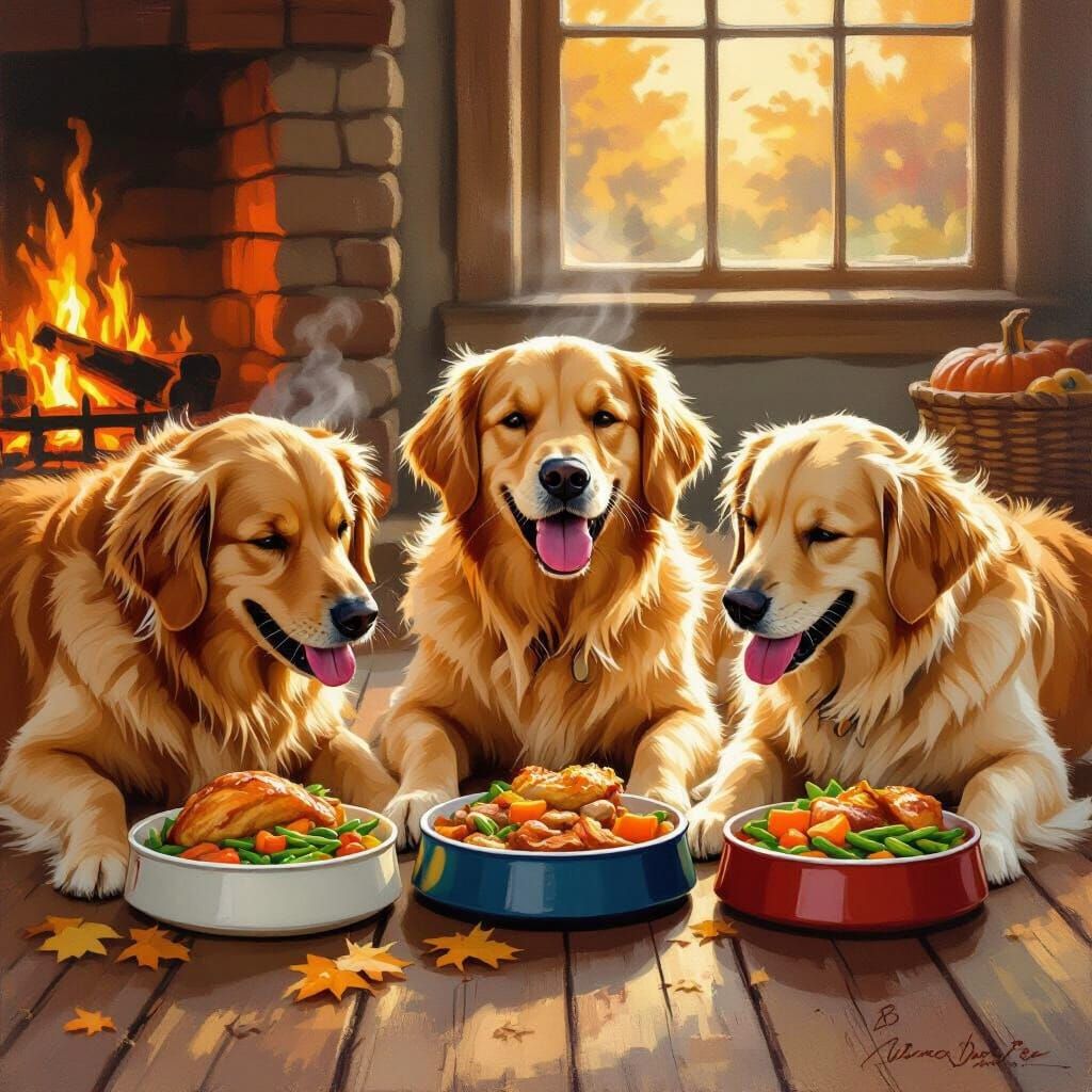 Golden Retrievers Enjoy Thanksgiving Feast Oil Painting