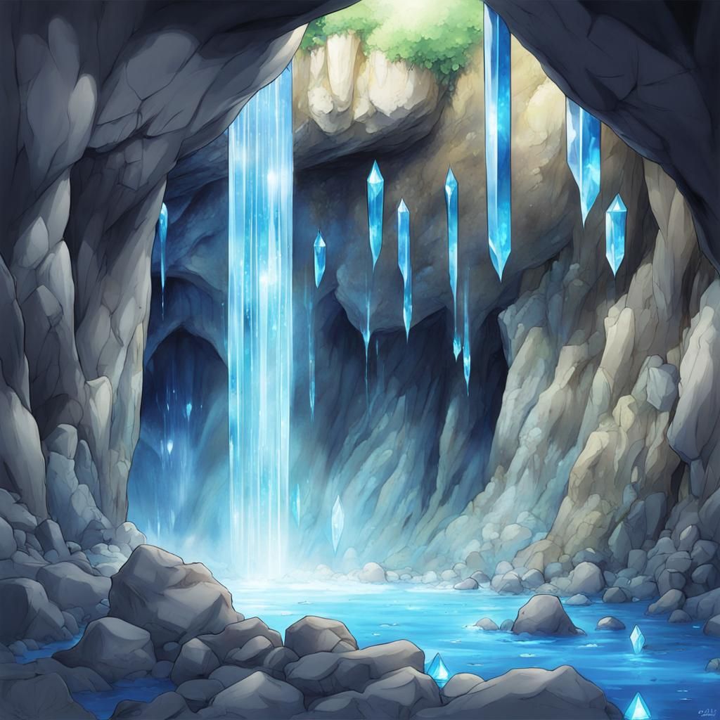 Cave with Blue Crystal Waterfall in Anime Style