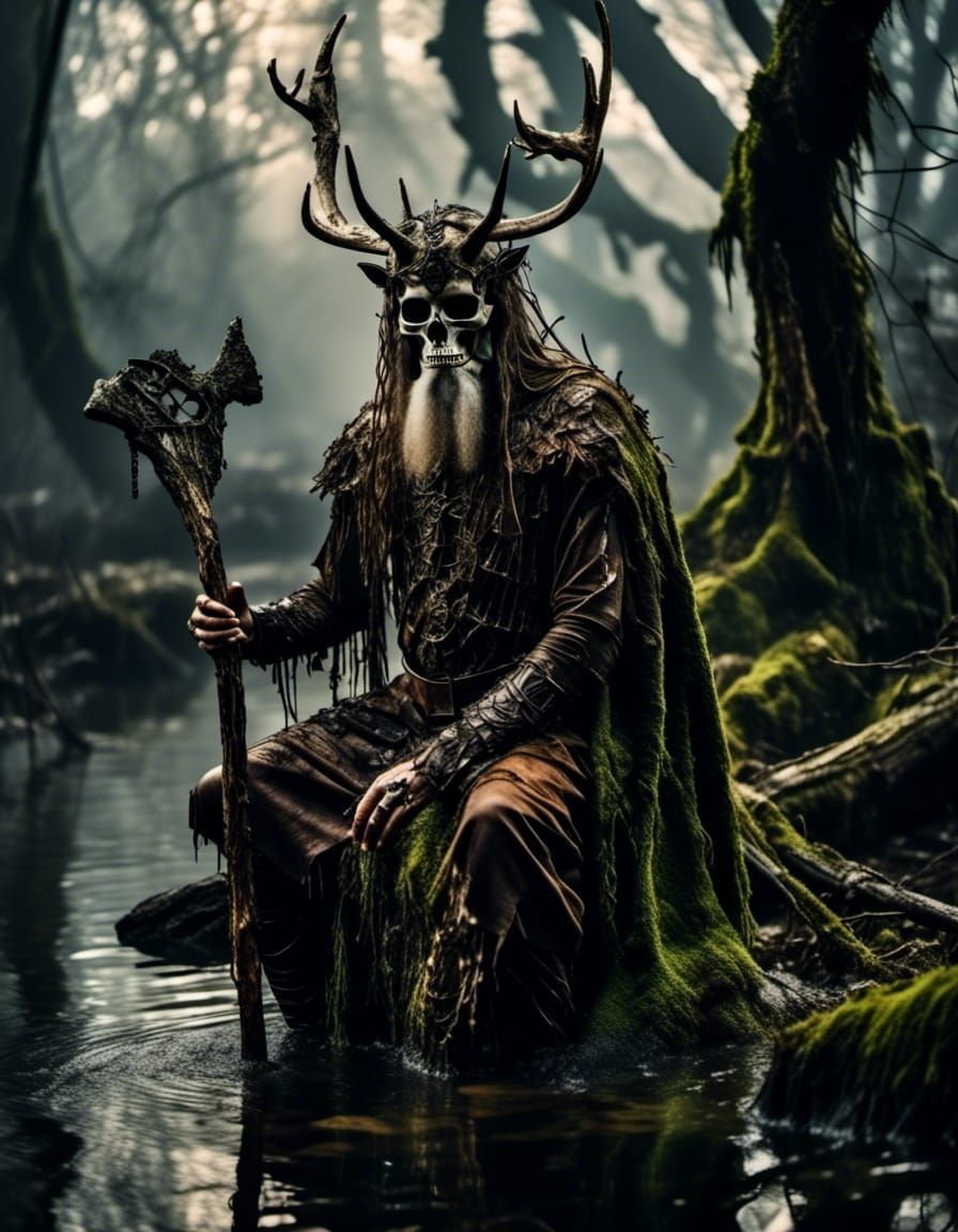 Druid in Swamp with Antlers and Battle Axe